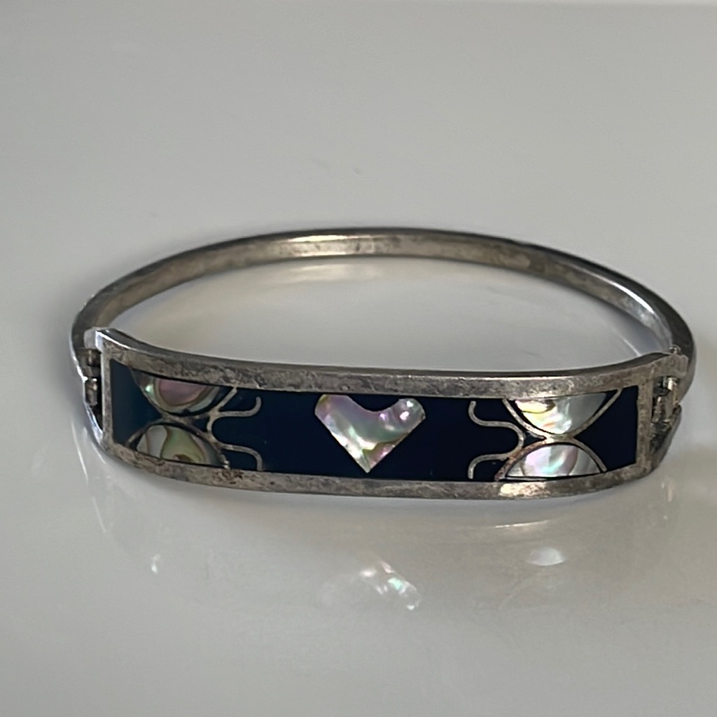 Vintage Mexico Silver Tone Abalone Black Inlay Hinge Bangle Bracelet